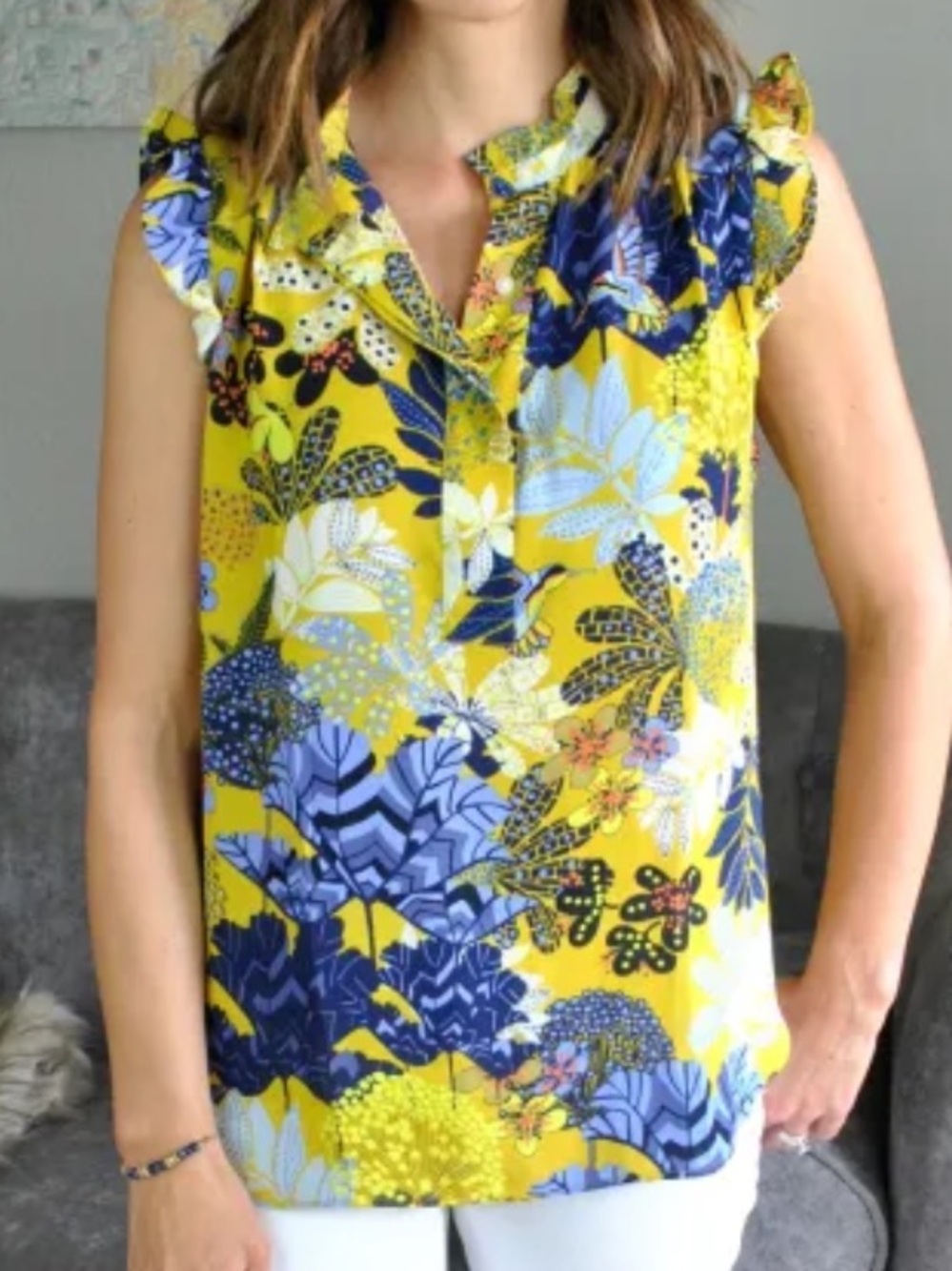 LOFT Yellow Floral Ruffle Sleeve Sleeveless Blouse L